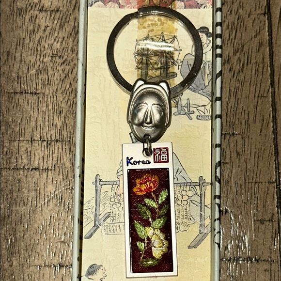 Silver Tone Korean Mask Keychain with Flower 🌺 Tag In Box 🗃️ engraved back Korea - Picture 3 of 17